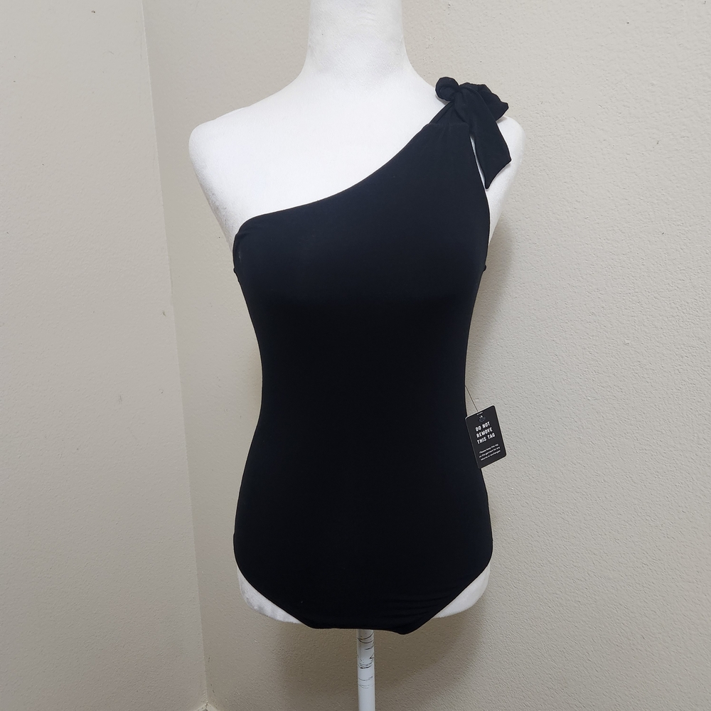 Express One Shoulder Bodysuit Size XS Thong Black Bow Tie Snap New Going Out Top